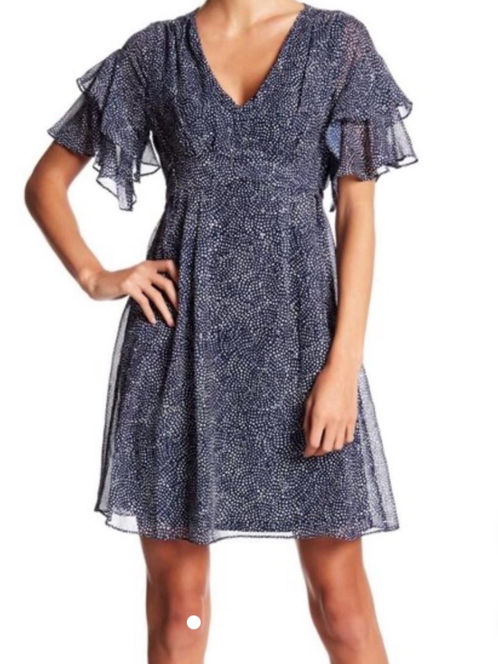 Betsey Johnson Navy and White Dot V-Neck Midi Dress with gold glitter accents